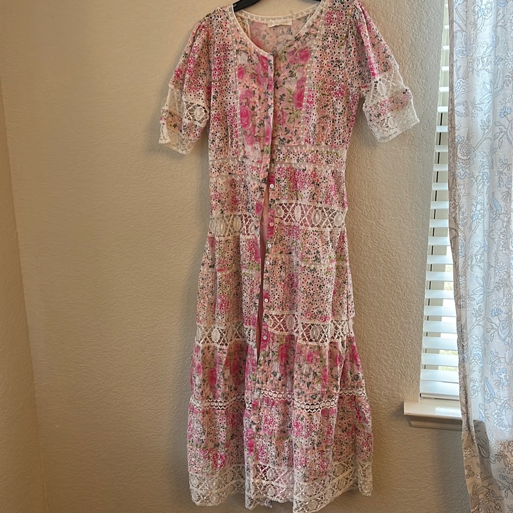 LoveShackFancy Pink Magenta Floral Eyelet Carlie Victorian Midi Dress - Picture 4 of 10